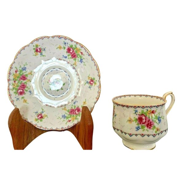Royal Albert Other - Royal Albert Petit Point Floral Cross Stitch Bone China Tea Cup  Set Vintage